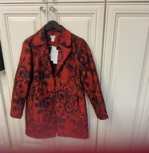 Chico's Red and Black Floral Jacquard Jacket/Blazer Wild Poppy Size 1